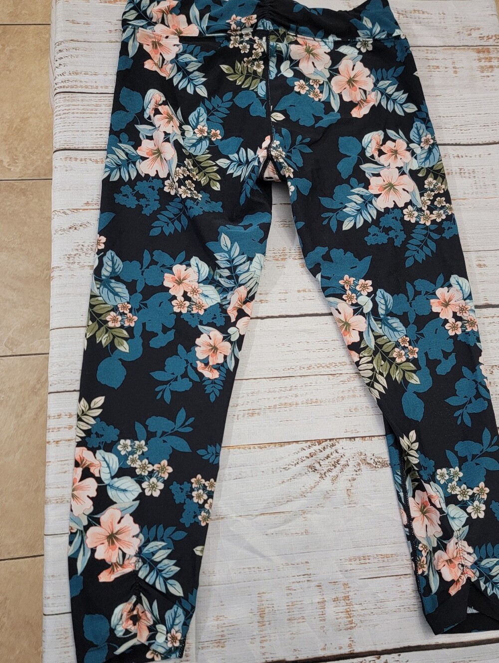 Womens Black Floral Leggings with Pink and Teal Flowers